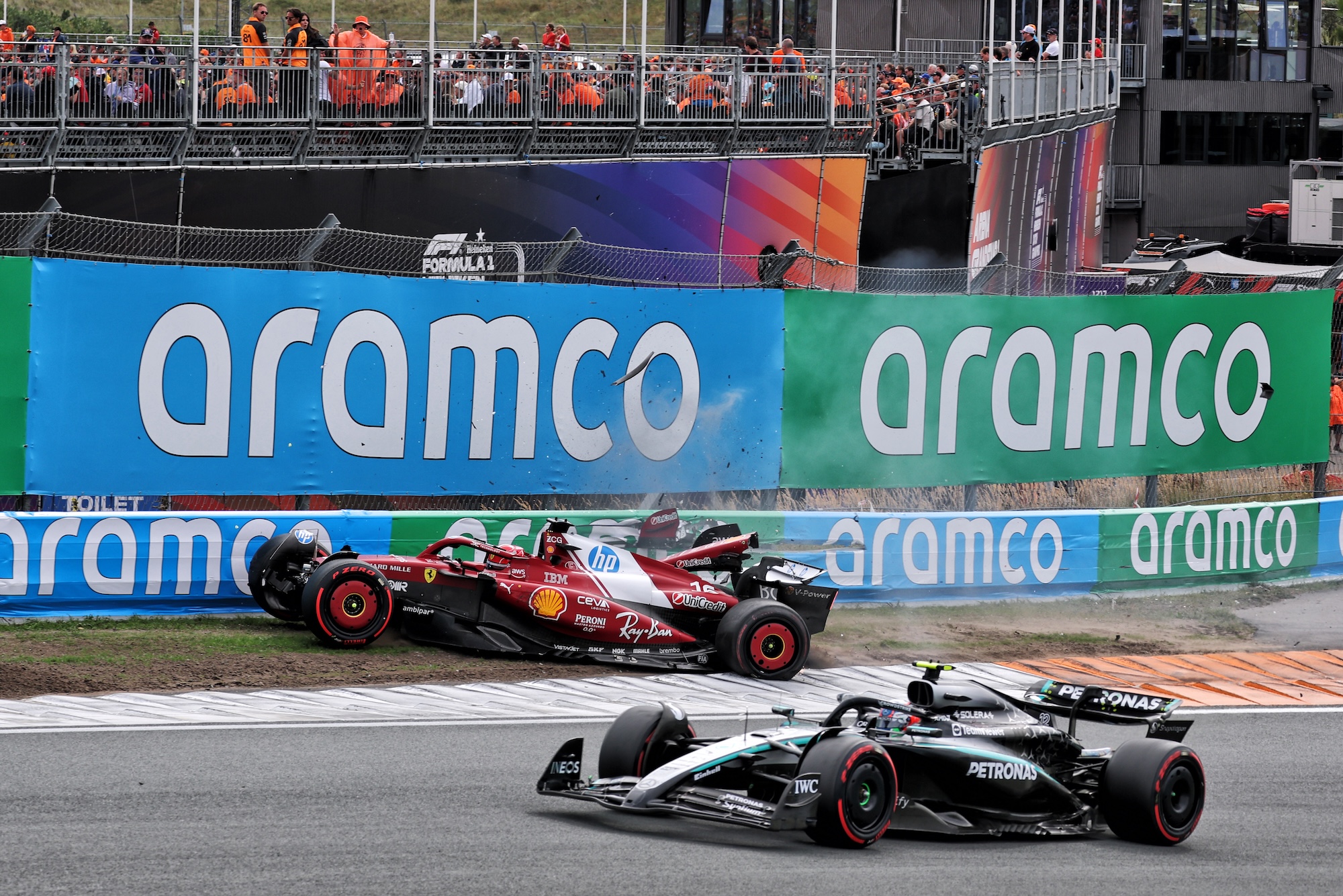 Charles Leclerc (MON) Ferrari SF-25 crashed out of the race after colliding with Andrea Kimi Antonelli (ITA) Mercedes AMG F1 W16.