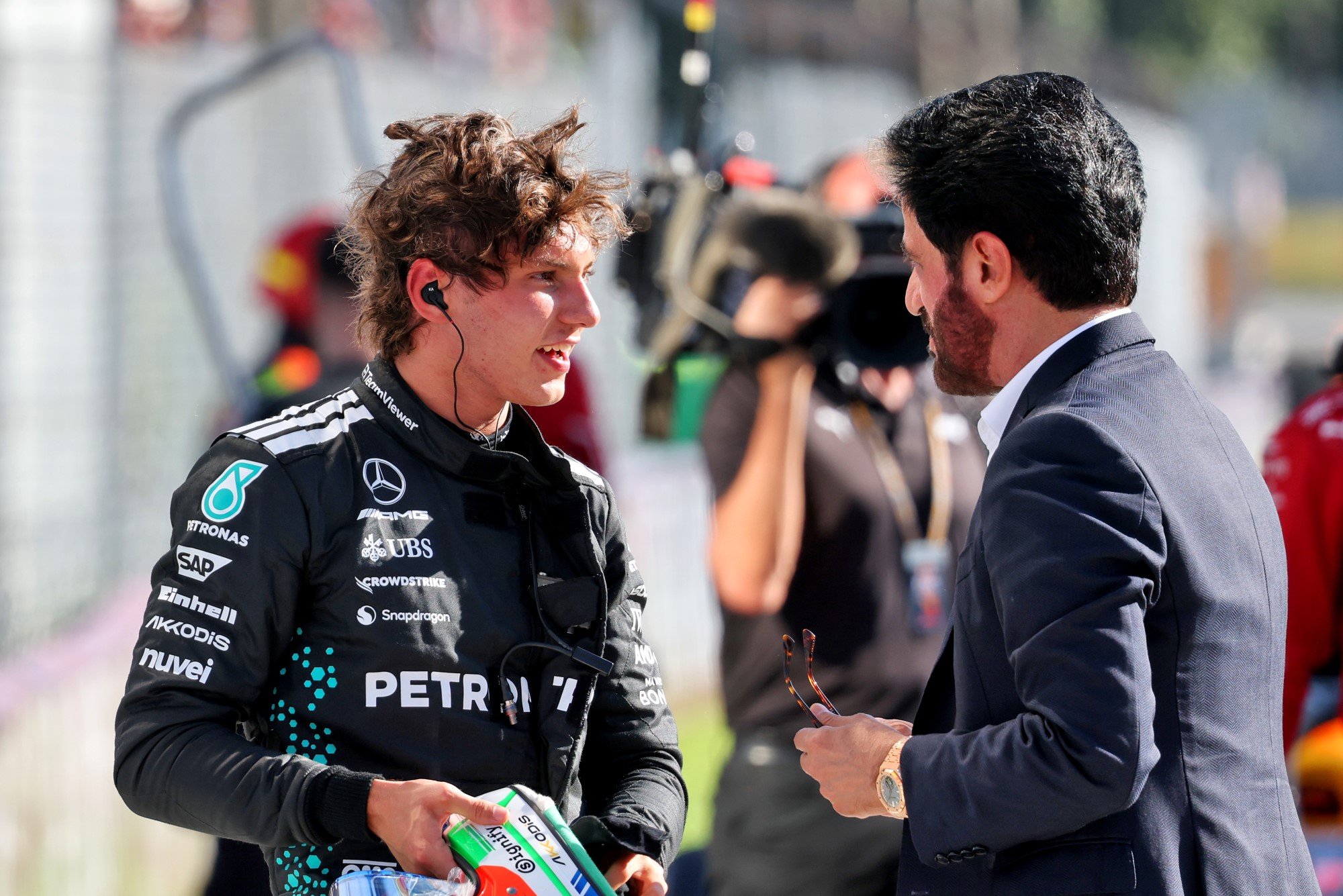 (L to R): Andrea Kimi Antonelli (ITA) Mercedes AMG F1 with Mohammed Bin Sulayem (UAE) FIA President in qualifying parc ferme.