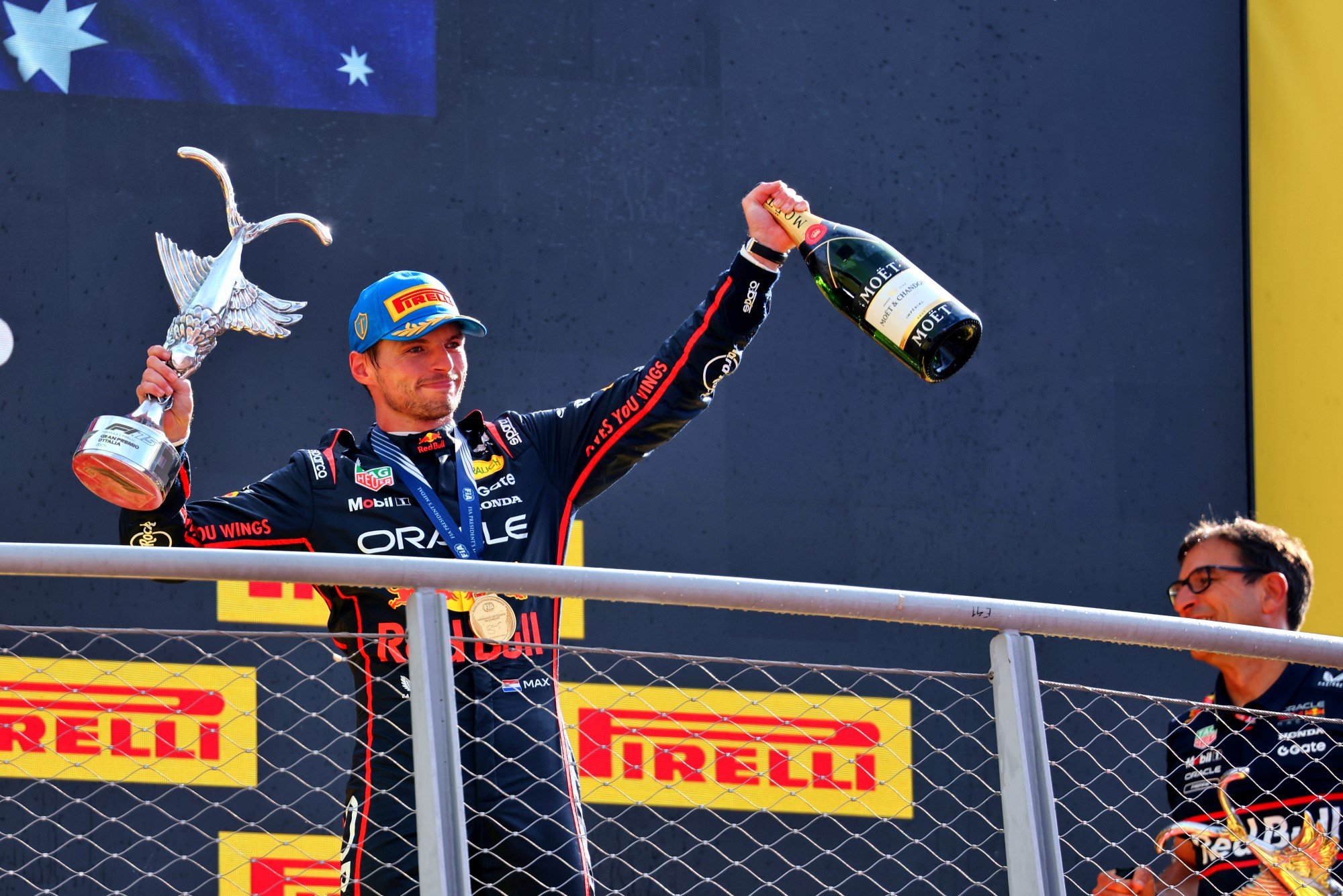 Race winner Max Verstappen (NLD) Red Bull Racing celebrates on the podium.