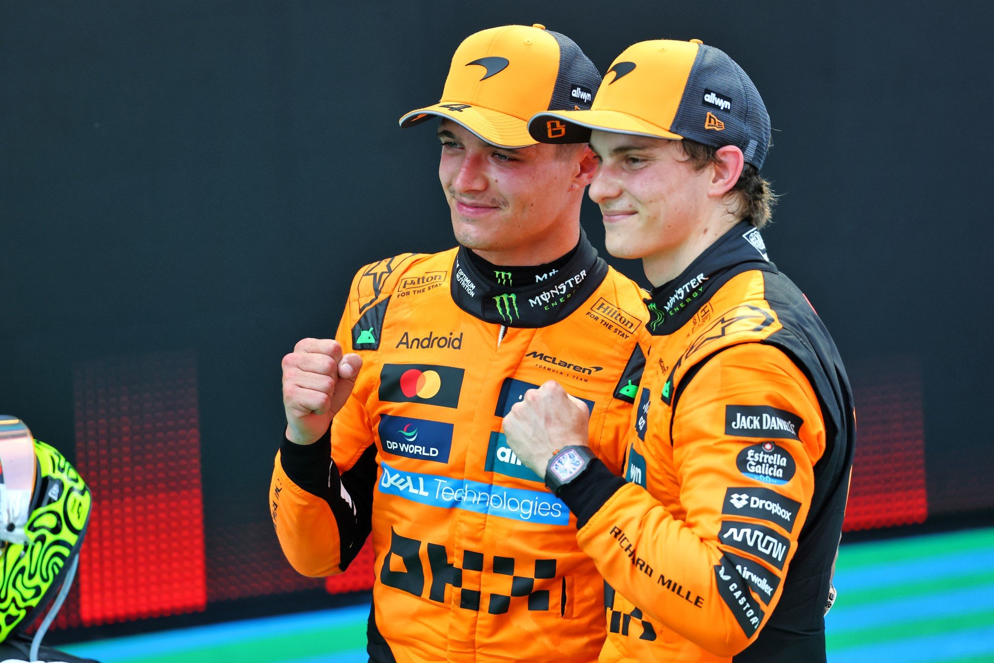 Race winner Oscar Piastri (AUS) McLaren celebrates in parc ferme with team mate Lando Norris (GBR) McLaren (Left).