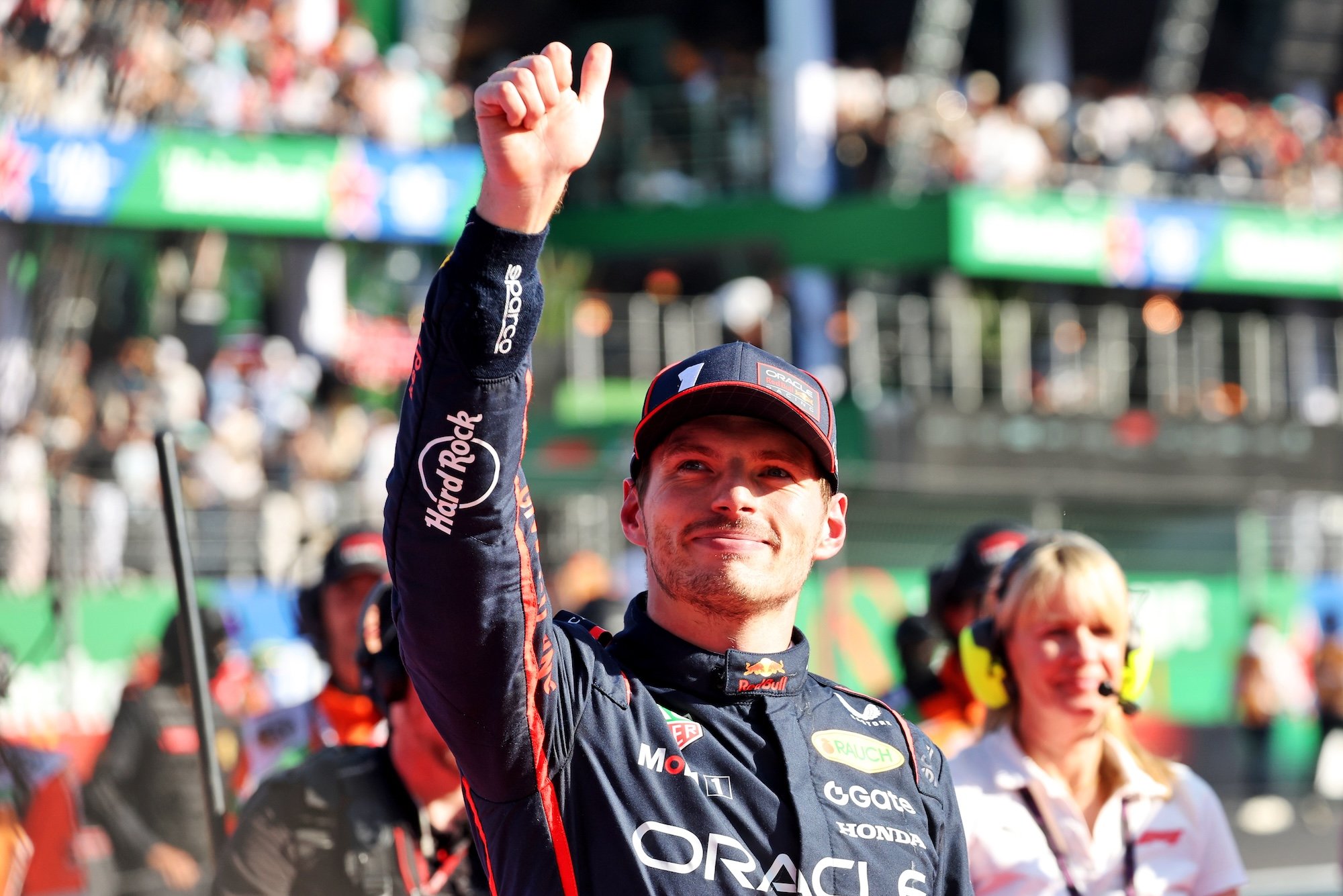 Max Verstappen (NLD) Red Bull Racing celebrates his third position in parc ferme.