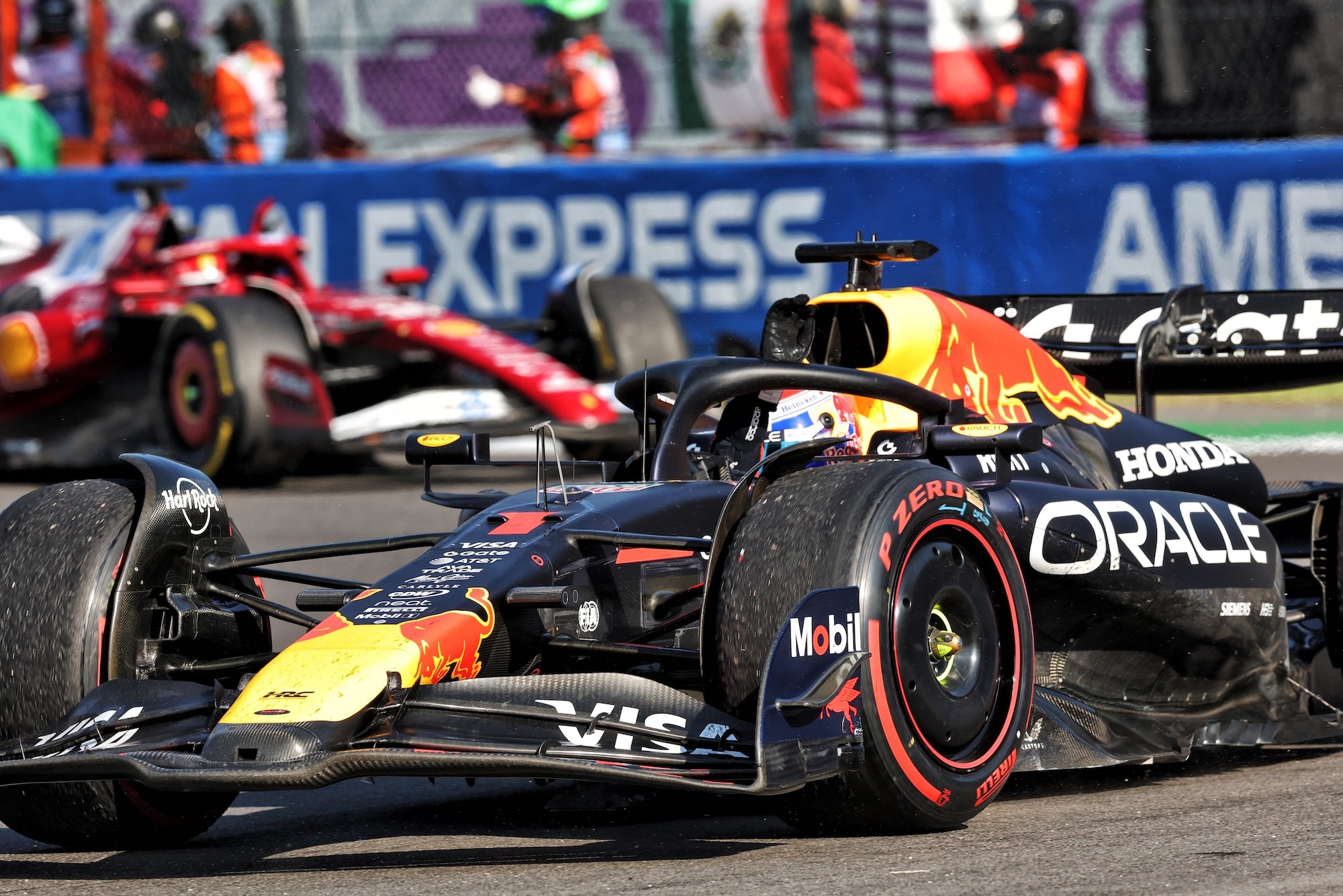 Max Verstappen (NLD) Red Bull Racing RB21 celebrates his third position at the end of the race.
