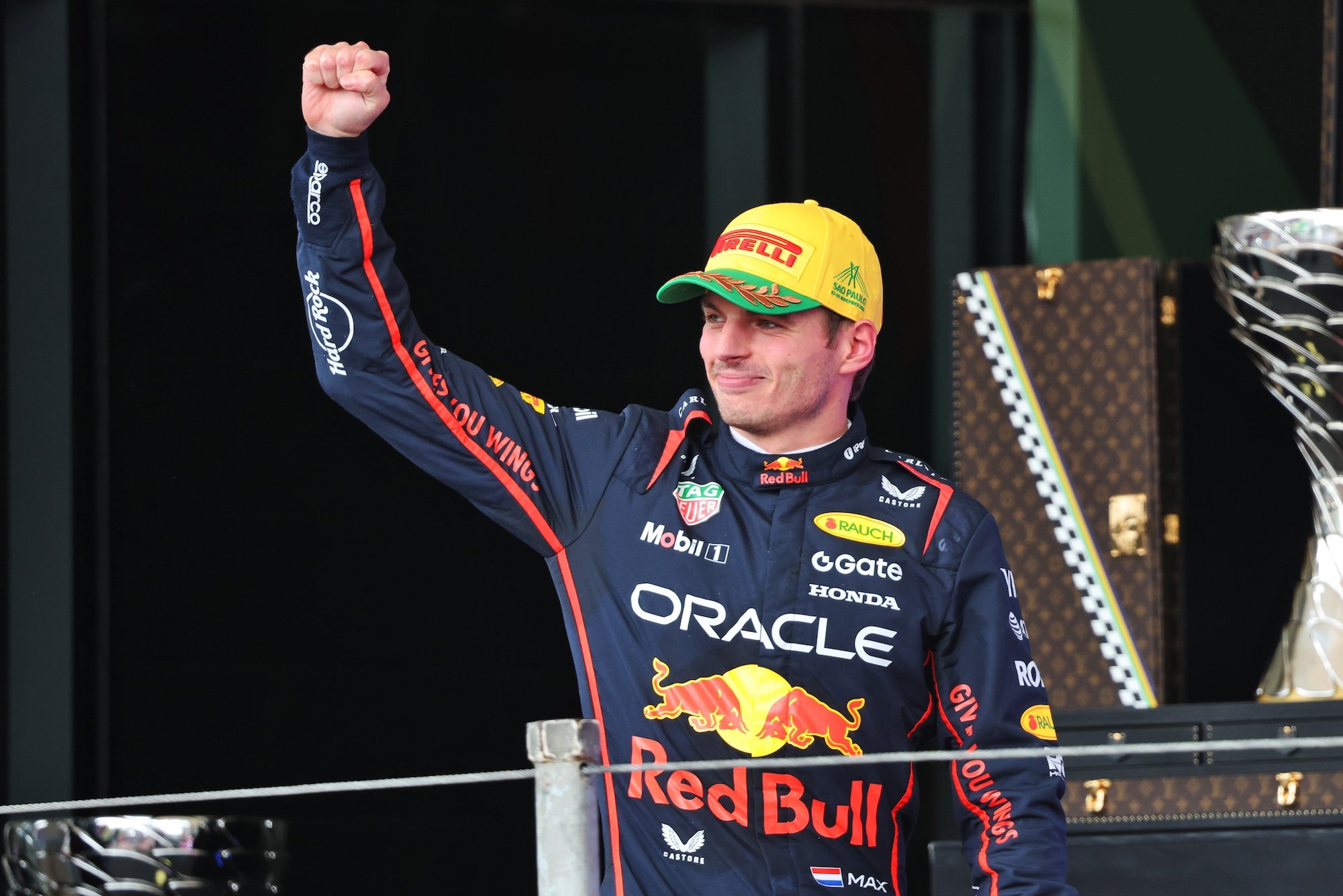Max Verstappen (NLD) Red Bull Racing celebrates his third position on the podium.