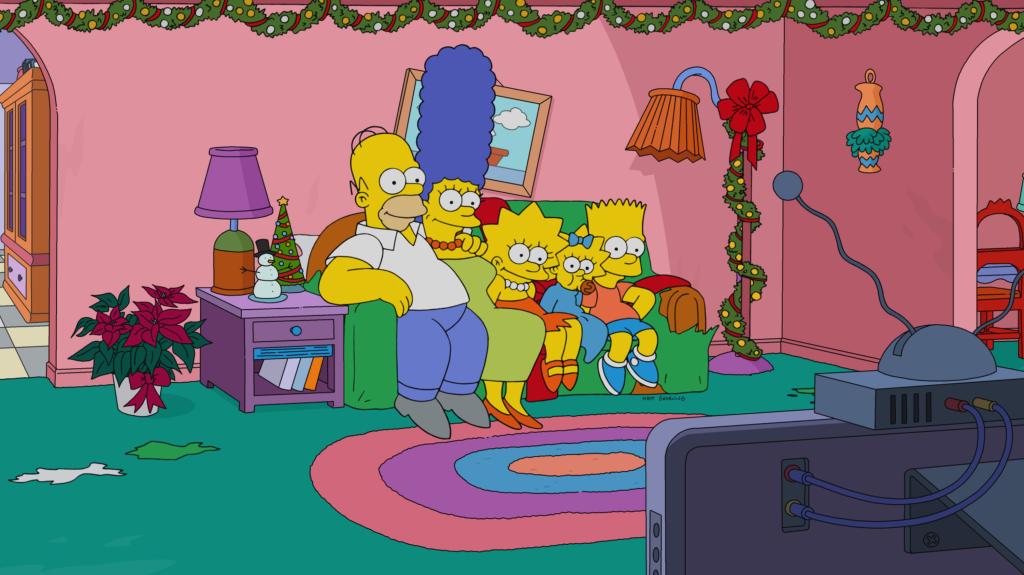 A still from"The Simpsons" of Homer, Marge, Lisa, Maggie and Bart Simpson.