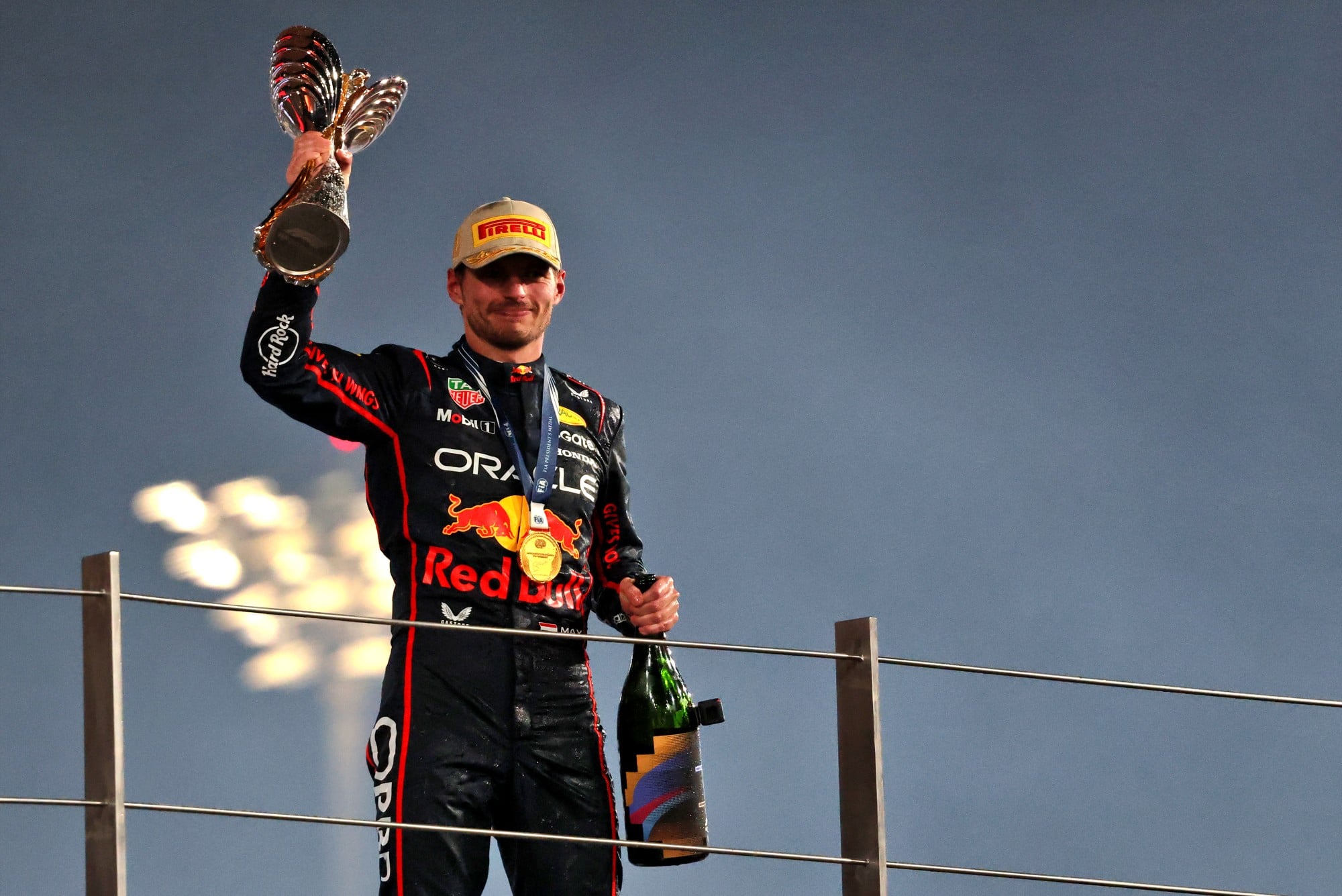 Race winner Max Verstappen (NLD) Red Bull Racing celebrates on the podium.
