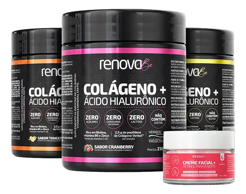Kit 3x Colágeno + Ácido Hialurônico Verisol Renova Be Colágeno Hidrolisado Zero Lactose Vitaminas E, C, B6 Biotina e Zinco